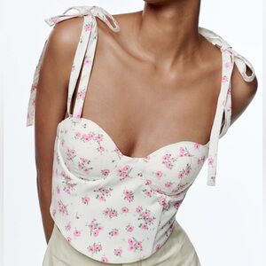 ZARA white floral cropped corset bustier with pink floral details